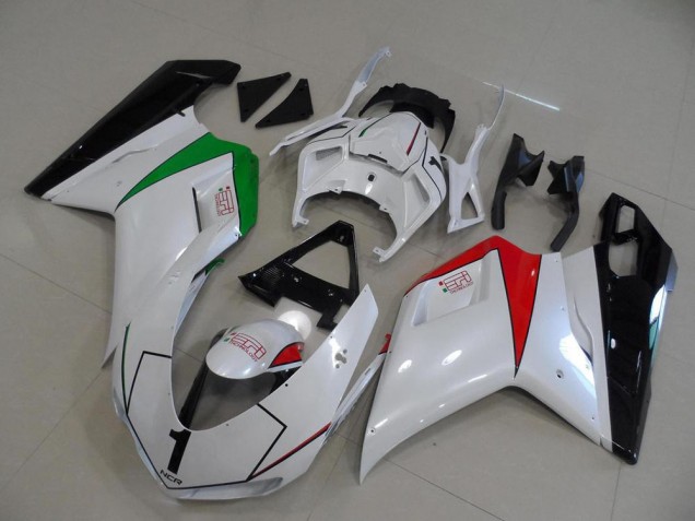 Ducati 848 1098 1198 2007-2014 Motorrad Verkleidungen - Perl Weiß mit italienischer Flagge Ducati 848 1098 1198 2007-2014 Motorrad Verkleidungen - Perl Weiß mit italienischer Flagge
