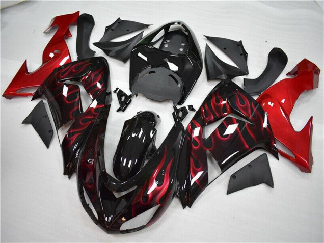 Kawasaki ZX10R Motorrad Verkleidung 2006-2007 - Glanzendes Schwarz Rot Flamme