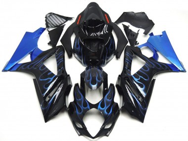 Suzuki GSXR 1000 Motorrad Verkleidung 2007-2008 - Glanzendes Schwarz Blau Flamme