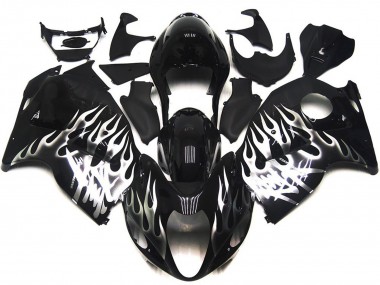 Suzuki GSXR 1300 Motorrad Verkleidung 1996-2007 - Glanzendes Schwarz mit Silber Flamme