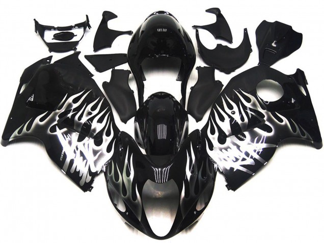 Suzuki GSXR 1300 Motorrad Verkleidung 1996-2007 - Glanzendes Schwarz mit Silber Flamme