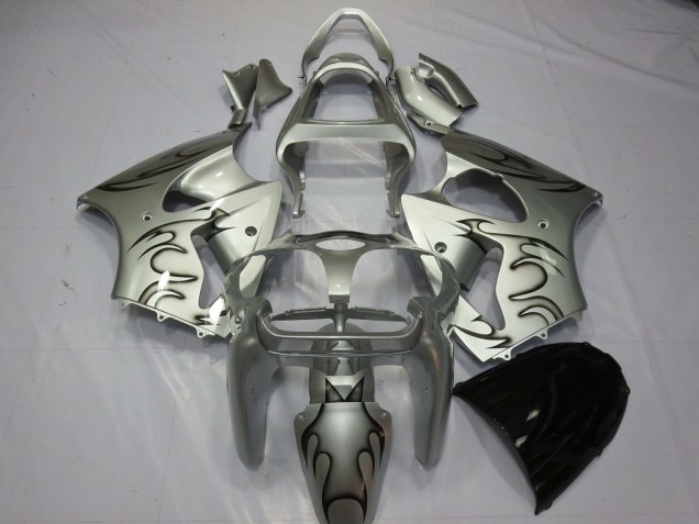 Kawasaki ZX6R Motorrad Verkleidung 2000-2002 - Silber Schwarz Flamme