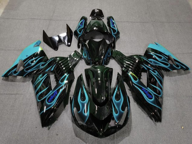 Kawasaki ZX14R Motorrad Verkleidung 2006-2011 - Glanzendes Schwarz Hellblau Flamme