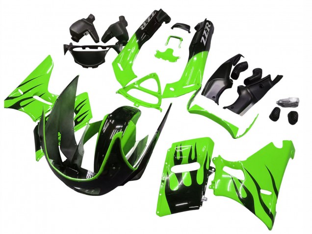 Kawasaki ZZR600 Motorrad Verkleidung 1998-2003 - Grun Glanzendes Schwarz Flamme
