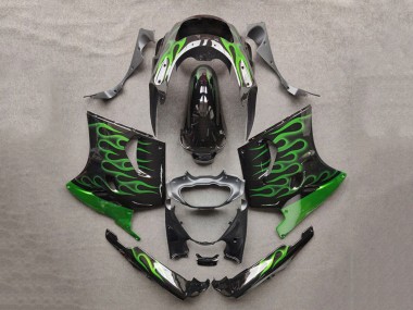 Kawasaki ZZR1100 Motorrad Verkleidung 1993-2003 - Glanzendes Schwarz Grun Flamme