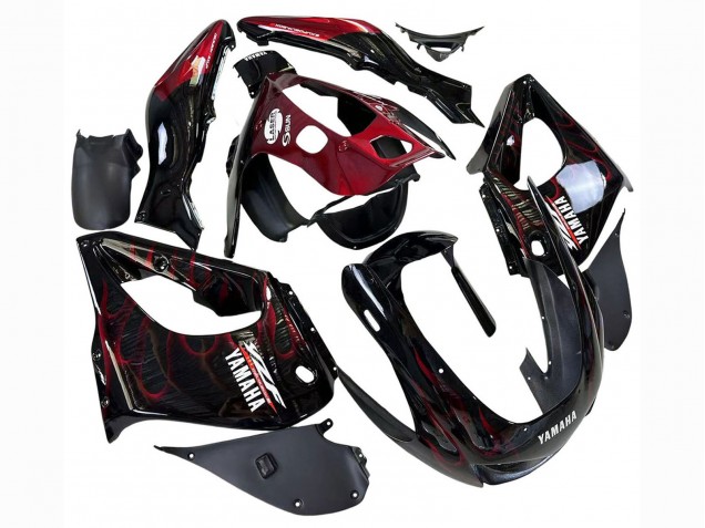 Yamaha YZF 1000R Thunderace Motorrad Verkleidung 1997-2007 - Schwarz mit Dunkel Rot Flamme