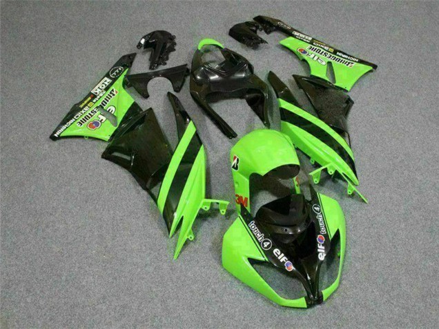 Kawasaki ZX6R Motorrad Verkleidung 2009-2012 - Grun Glanzendes Schwarz Elf Touch4 Bridgestone