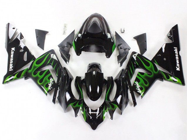 Kawasaki ZX10R Motorrad Verkleidung 2004-2005 - Schwarz mit Gruner Flamme Ninja