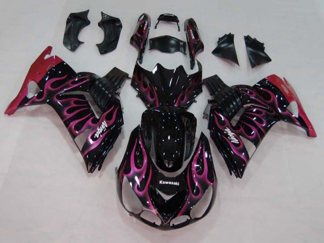 Kawasaki ZX14R ZZR1400 Motorrad Verkleidung 2006-2011 - Glanzendes Schwarz Rot Rosa Flamme