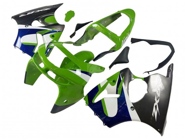Kawasaki ZX6R Motorrad Verkleidung 1998-1999 - Grun Weiss Blau Silber Glanzendes Schwarz