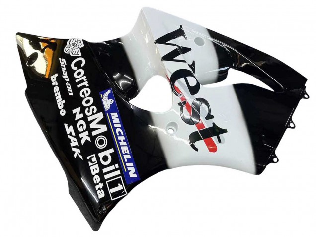 Kawasaki ZX6R Motorrad Verkleidung 2000-2002 - Glanzendes Schwarz Weiss West Michelin