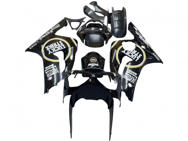 Kawasaki ZX6R Motorrad Verkleidung 2003-2004 - Glanzendes Schwarz Weiss Motul Lucky Strike