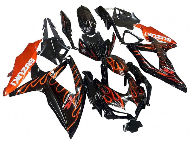 Suzuki GSXR 600 / GSXR 750 Motorrad Verkleidung 2008-2010 - Glanzendes Schwarz Orange Flamme