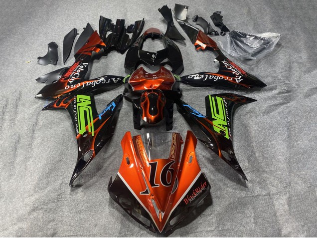 Yamaha YZF 1000 R1 Motorrad Verkleidung 2002-2003 - Orange Schwarz Neon Grun mit Flamme 16