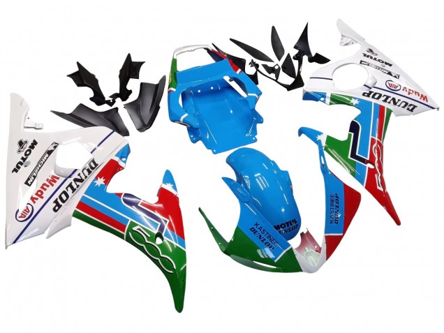 Yamaha YZF R6 Motorrad Verkleidung 2003-2004 - Weiss Blau Grun Rot Kastinee Dunlop Motul