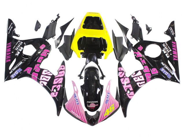Yamaha YZF R6 Motorrad Verkleidung 2003-2004 - Gelb Rosa Glanzendes Schwarz Rossi Repsol 46