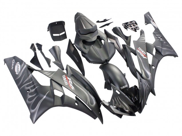 Yamaha YZF 600 R6 Motorrad Verkleidung 2006-2007 - Matt Schwarz Silber Flamme