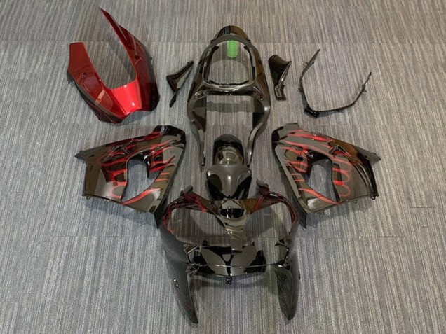 Kawasaki ZX9R Motorrad Verkleidung 2002-2003 - Glanzendes Schwarz Rot Flamme