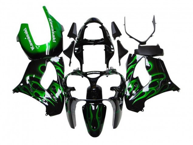 Kawasaki ZX9R Motorrad Verkleidung 2002-2003 - Schwarz Weiss mit Gruner Flamme