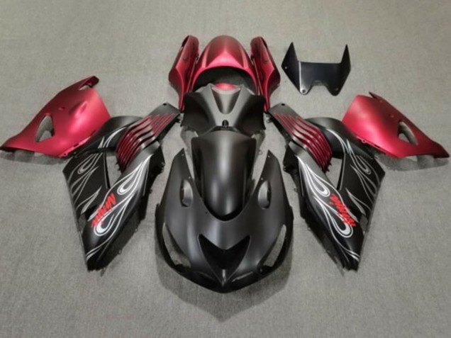 Kawasaki ZX14R ZZR1400 Motorrad Verkleidung 2006-2011 - Matt Schwarz Rot Silber Flamme