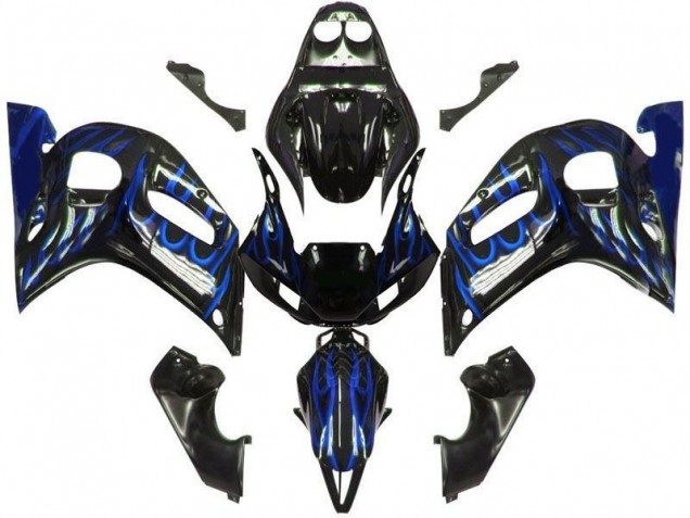 Yamaha YZF 600 R6 Motorrad Verkleidung 1998-2002 - Glanzendes Schwarz Blau Flamme