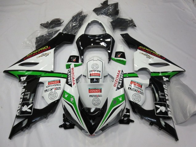 Kawasaki ZX6R Motorrad Verkleidung 2005-2006 - Weiss Schwarz Grun Rot Rizoma Playboy
