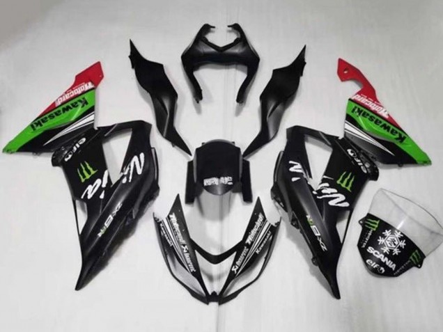 Kawasaki ZX6R Motorrad Verkleidung 2013-2018 - Matt Schwarz Grun Rot Weiss Monster Schnee