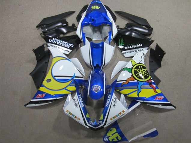 Yamaha YZF R1 Motorrad Verkleidung 2012-2014 - Weiss Blau Gelb Schwarz Pizzoli Semakin Didepan Monster