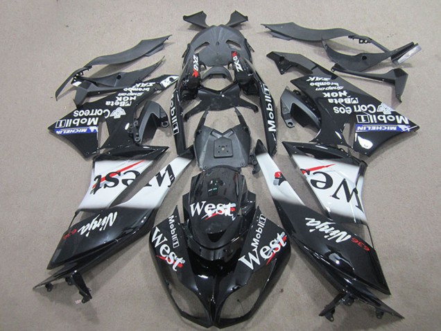 Kawasaki ZX6R Motorrad Verkleidung 2009-2012 - Glanzendes Schwarz Weiss West
