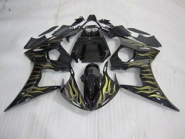 R6 2003-2005 Motorrad Verkleidungen - Schwarz mit gelber Flamme