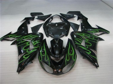 ZX10R 2006-2007 Motorrad Verkleidungen - Schwarze Grüne Flamme