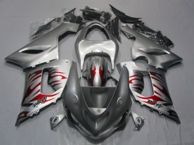 ZX6R 2005-2006 Motorrad Verkleidungen - Silber Rot Flamme Ninja