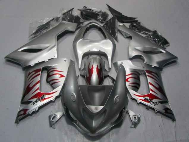 ZX6R 2005-2006 Motorrad Verkleidungen - Silber Rot Flamme Ninja